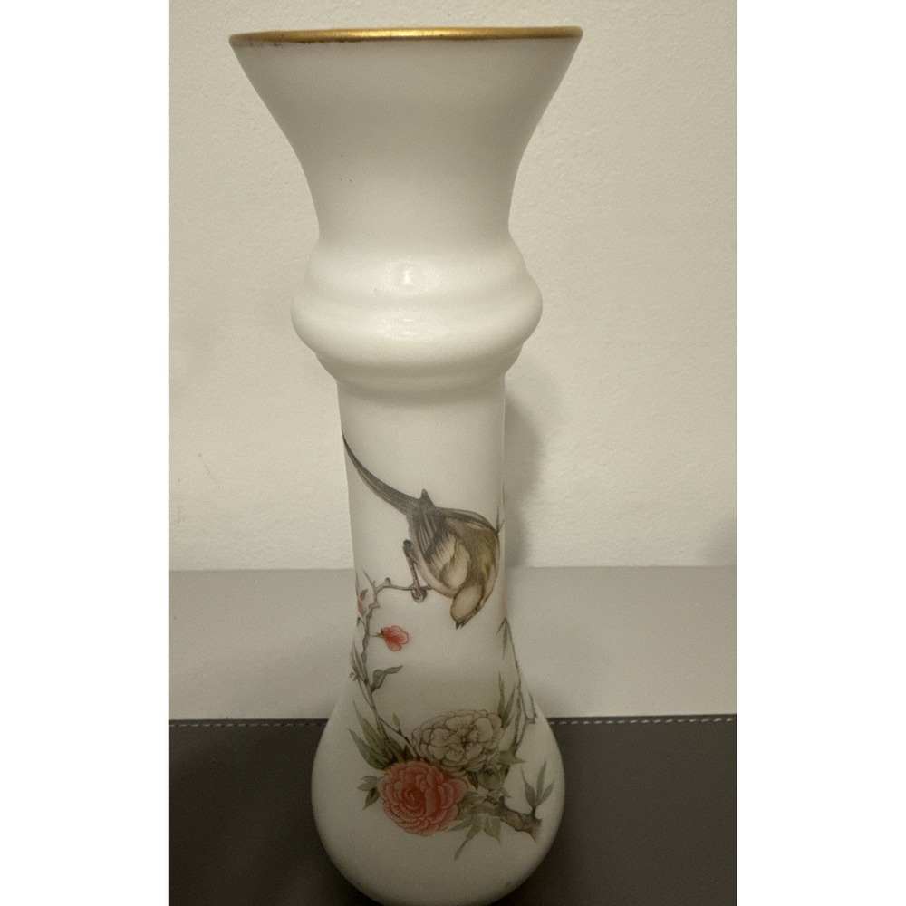 Vintage Norleans Italy White Satin Glass Vase Pink Flowers Birds 10 Inch